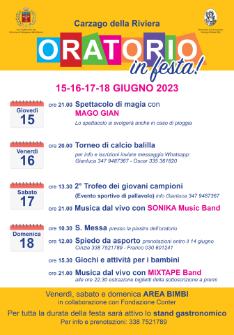 ORATORIO DI CARZAGO IN FESTA -15/16/17/18 GIUGNO 2023